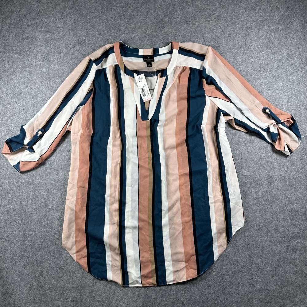 Worthington Woman Striped V-Neck Tunic 1X Multi-Color Roll-Tab Sleeve‎